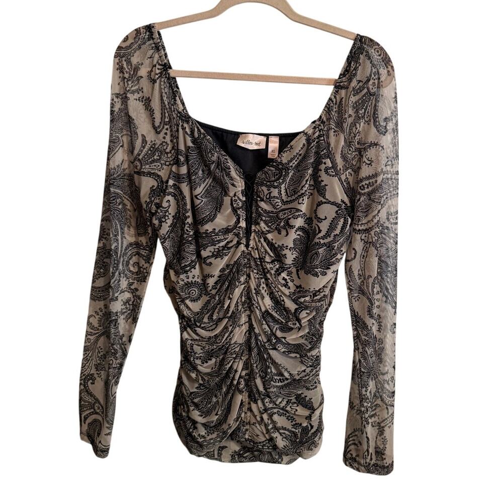 Willow Root Ruched Sheer Criss Cross Neckline Long Sleeve Blouse XL